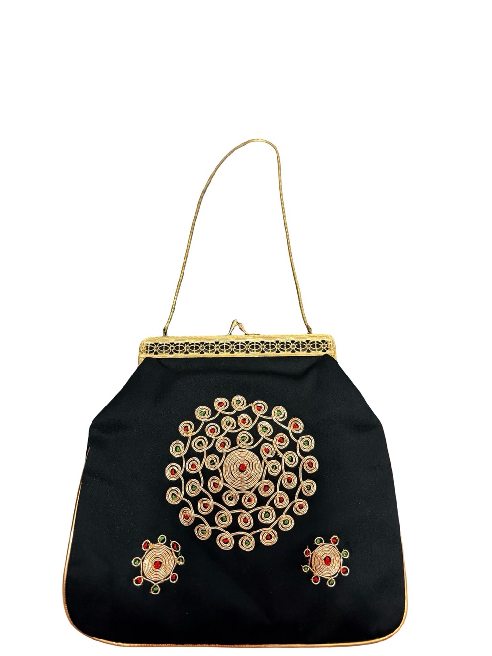Vintage Black Satin Embroidered Evening Bag‎ Gold Kiss Lock Purse